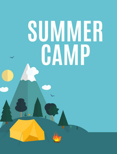 夏季露营自然背景的现代扁平风格与示例文本
