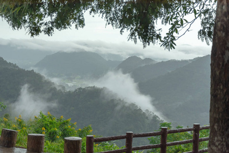 美丽的鸟瞰丘陵与雾在上午在考艾, 泰国国家公园的角度