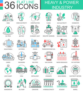矢量重和电力行业扁线大纲图标的应用程序和 web 设计。大功率工业高技术图标