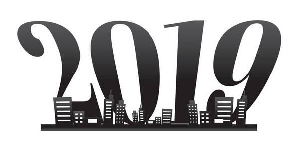 2019年新年快乐在黑色背景。季节性传单横幅海报的矢量假日派对邀请号设计