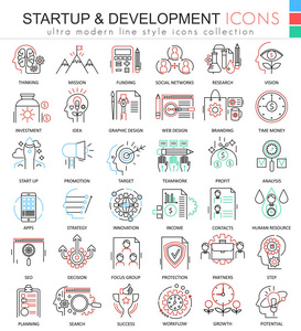矢量为应用程序的启动和发展彩色线大纲图标和网页设计。启动业务图标