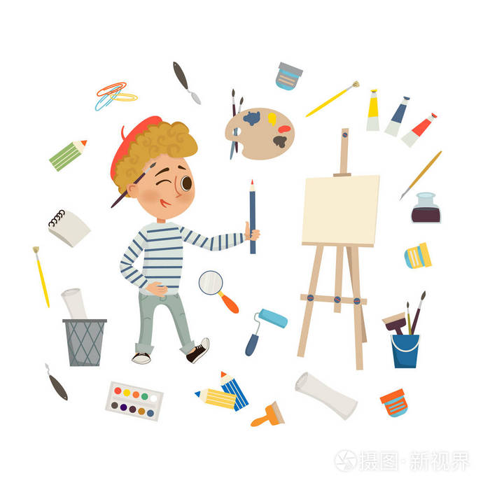 艺术家男孩绘画和绘画图片与艺术工具 并在白色背景上的画架.
