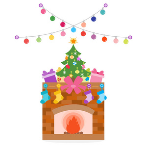 新年快乐2019和圣诞节向量例证。壁炉, 装饰圣诞树, 礼物, 圣诞袜, 花环