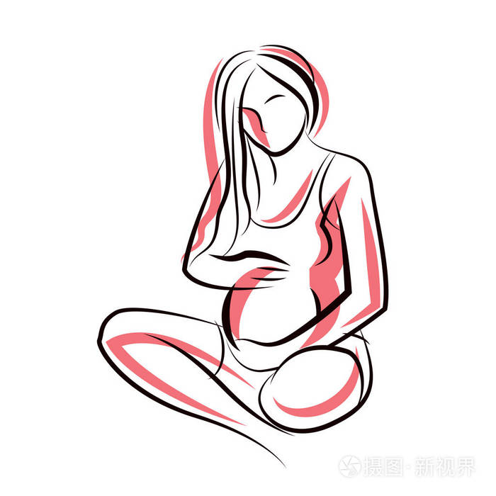 怀孕女性身体形状手绘矢量插画, 美丽的女士轻轻抚摸她的肚子.