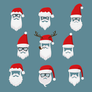 矢量圣诞老人没有面大, 收集, 完美的移动应用程序。圣诞老人配帽子, 胡子, 角, 胡须和眼镜。节日设计