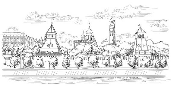 克里姆林宫塔和莫斯科河 红场, 莫斯科, 俄国 的路堤的城市景观在白色背景用黑色画例证
