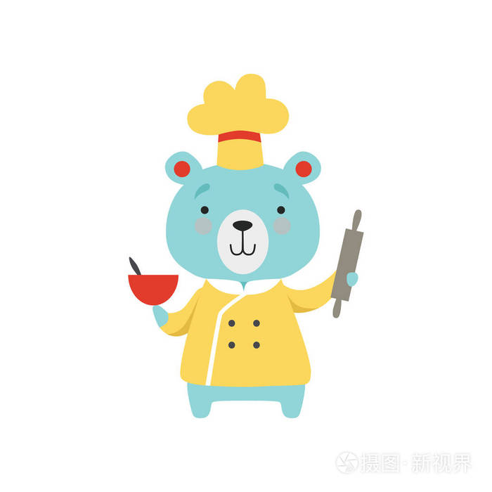 的熊在厨师制服持有滚动销和碗, 卡通动物字符烹饪向量例证在白色背景