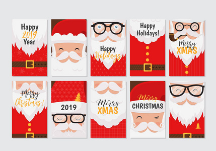 矢量圣诞快乐和新年快乐贺卡设置与可爱的圣诞老人设计。完美的礼品标签, 海报, 面包。圣诞老人收藏