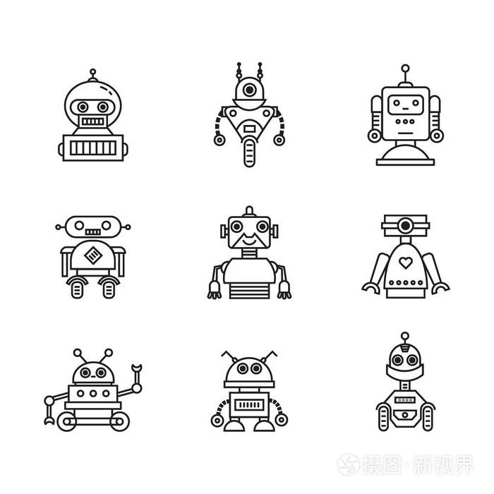 向量集的现代机器人字符图标线条风格.平面机器人