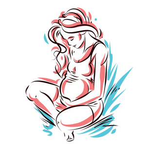 向量手绘的怀孕典雅的妇女的期望婴孩, 剪影。爱与爱抚主题