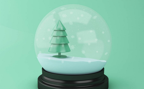 3d 插图。雪地球与抽象的圣诞树。圣诞节假期概念
