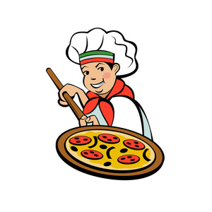 可爱的意大利厨师是从事烹饪美味的比萨饼。比萨店的矢量标识。名片版式