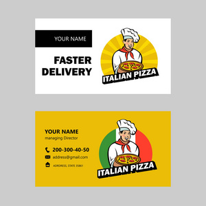 意大利厨师拿着美味的比萨饼。比萨饼店的矢量标志。名片布局