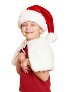 女童在白色孤立，圣诞假日概念上圣诞老人的帽子画像