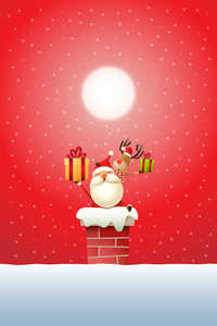 快乐和好玩的圣诞老人和驯鹿在烟囱上。背景红色雪月光