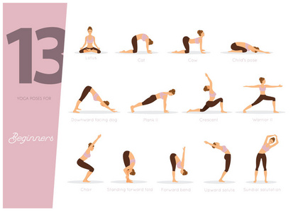 13个瑜伽姿势的向量例证为初学者