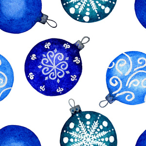 无缝图案水彩画圣诞蓝色球在白色的背景。适用于背景纹理包装纸图案面料等