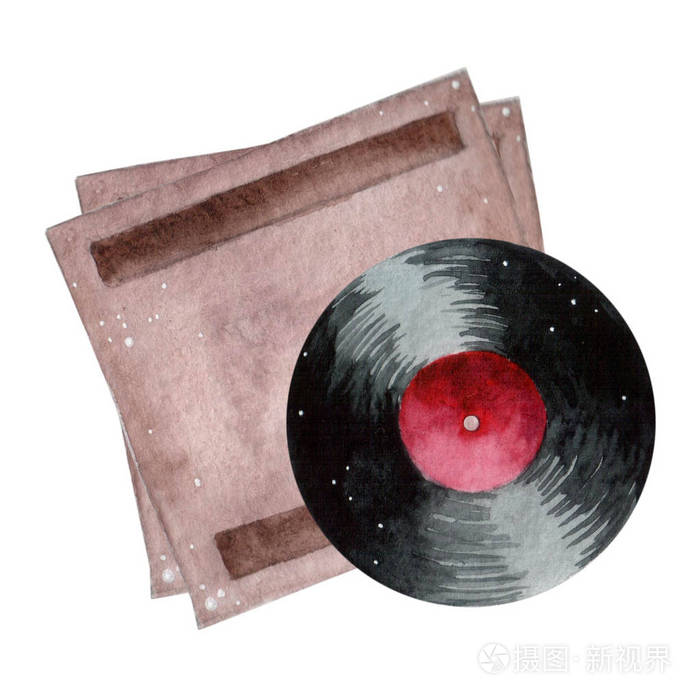 圆形乙烯基唱片与红色标签水彩油漆.白色背景上的手绘