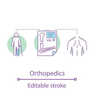 骨科概念图标。外伤, 创伤治疗思路细行插图。肌肉骨骼系统疾病治疗