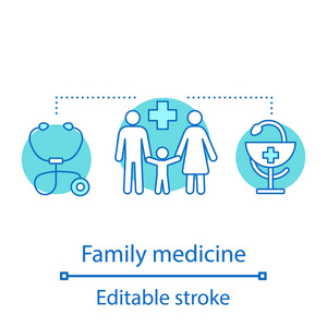 家庭医学概念图标。一般练习思路细线插图。医药和医疗保健