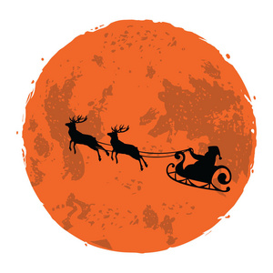 圣诞节的圣诞老人和他的驯鹿满月背景上的插图