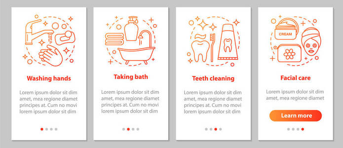 带有线性概念的卫生加载移动应用程序页面屏幕。洗手洗牙洗澡面部护理步骤图形说明。ux, ui, gui 矢量模板与插图