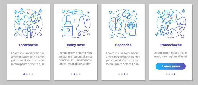带有线性概念的移动应用程序页面屏幕。头痛, 牙痛, 胃痛, 流鼻涕步骤图形说明。ux, ui, gui 矢量模板与插图