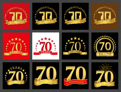 七十号 70 年 庆典设计集。周年纪念金号模板元素为您的生日聚会