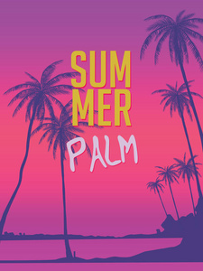 一排排热带棕榈树对日落的天空。高大的棕榈树的剪影。热带夜景。渐变颜色。向量例证。epps 10