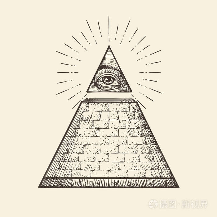 所有看见的眼睛金字塔符号.世界新秩序.手的素描画的矢量