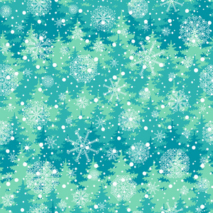 冬季假期无缝模式与树木, 雪花。向量下落的雪在绿色背景为圣诞卡