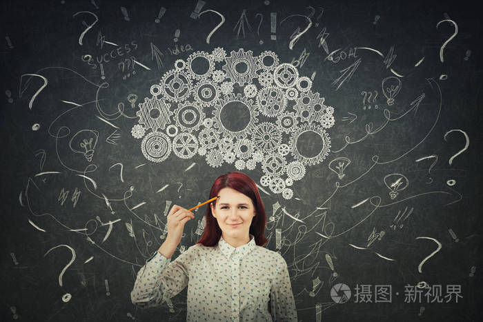 大粉笔把大脑拉到头顶上, 积极的思维混乱如思想.心理,心理发展的概念