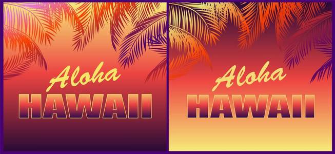 热带霓虹灯背景与花卉阿罗哈夏威夷字母和棕榈叶剪影 t恤, 派对邀请和其他设计