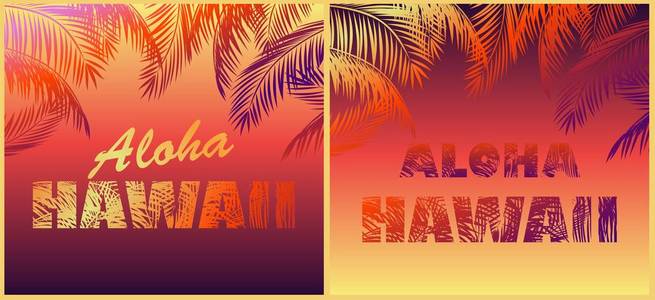 t恤霓虹灯时尚版画变化海滩夜宴与阿罗哈夏威夷字母和五颜六色的棕榈叶