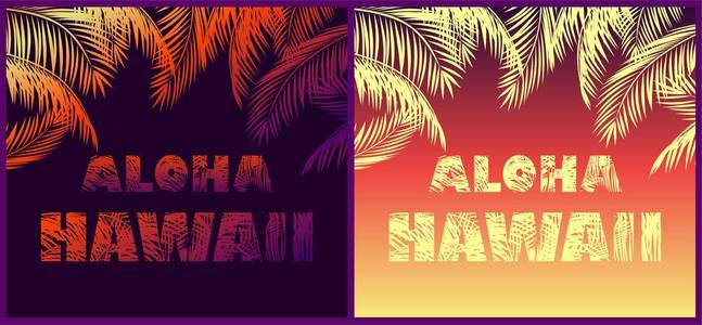 热带霓虹灯背景与花卉阿洛哈夏威夷字母和棕榈叶剪影 t恤, 夜间派对海报和其他设计