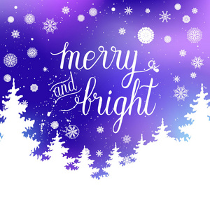 快乐和明亮的贺卡。矢量寒假闪耀模糊的背景与手刻字书法, 雪花, 树木, 落雪