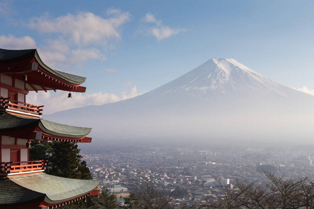 富士火山山与红塔背后图片