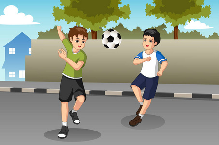 孩子们在街上踢足球的向量例证