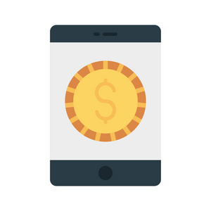 智能手机屏幕与美元硬币平面图标隔离在白色背景, 矢量, 插图, 支付在线概念