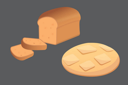 不同的面包和面包产品矢量插图。吃早饭的包子。设置的烘烤食品分离