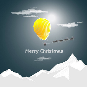 与圣诞老人圣诞节快到了。圣诞贺卡与黄色热气球  飞鹿