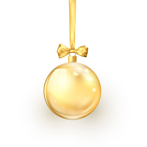 金色圣诞球与金色的丝带和弓。节日装饰的元素。在白色背景查出的向量例证