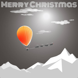 与圣诞老人圣诞节快到了。圣诞贺卡与橙色热气球  飞鹿。圣诞快乐
