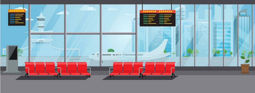 机场内等候厅离境休息室现代终端概念。高详细平面彩色矢量图
