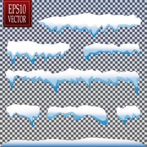 一套雪冰柱, 雪帽被隔离。冬季背景上的雪元素。卡通风格中的矢量模板