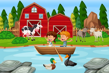 孩子们划桨木船在农场例证