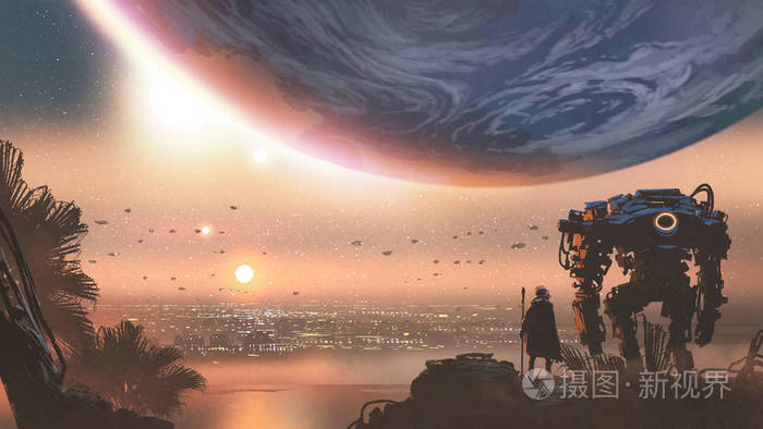 旅行概念显示一个人与机器人看一个新的殖民地在外星行星, 数字艺术