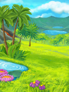 卡通自然风景与池塘附近丛林儿童插画