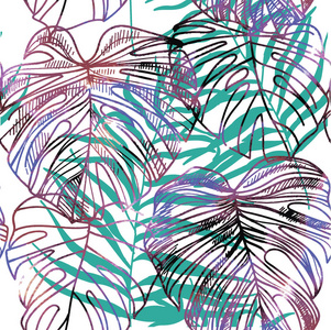 与热带植物叶子的无缝模式。矢量的写意画。背景用棕榈叶