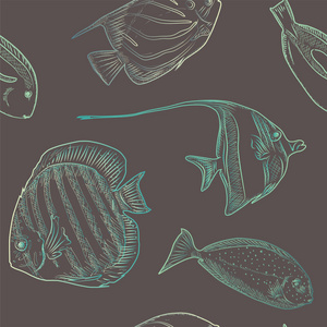 无缝的样式与不同的蓝色鱼在黑暗的背景, 向量例证
